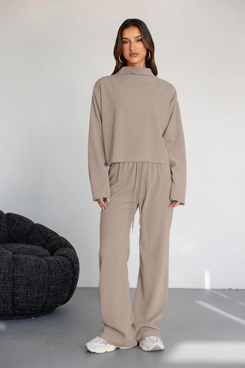 PRETTYGARDEN Store Women Fall Sweatsuits Two Piece Sets Mock Neck Long Sleeve Knit Tops Wide Leg Pants Lounge Set Travel Outfits - Image 1